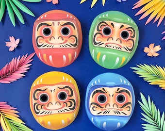 4 printable paper Daruma masks: Bold Daruma mask designs + coloring in black and white mask templates to printout & make by Happythought.