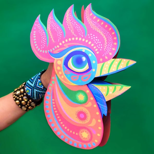 Printable DIY Alebrije rooster hand puppet craft template and instructions. Homemade DIY rooster paper puppet. Download & make PDF files