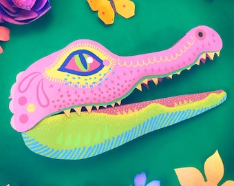 Printable DIY Alebrije crocodile hand puppet craft template and instructions. Homemade DIY crocodile paper puppet. Download & make PDF files