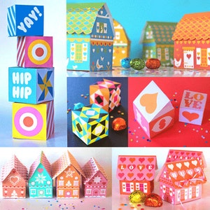 Gift box templates - 7 printable sets. Perfect for special gifts or for party favors! Download templates to print & make - by Happythought.