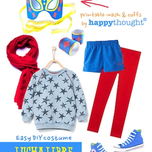 May include: A DIY Lucha Libre costume for kids, featuring a blue wrestling mask, red leggings, blue shorts, a blue and white star patterned sweatshirt, red scarf, and blue high-top sneakers. The text "Easy DIY costume LUCHA LIBRE" is printed on a blue background.