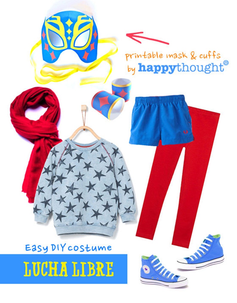 May include: A DIY Lucha Libre costume for kids, featuring a blue wrestling mask, red leggings, blue shorts, a blue and white star patterned sweatshirt, red scarf, and blue high-top sneakers. The text "Easy DIY costume LUCHA LIBRE" is printed on a blue background.