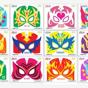 May include: Twelve colorful printable luchador masks with different designs and names in Spanish. The masks are ready to be cut out and used for a party or craft project.