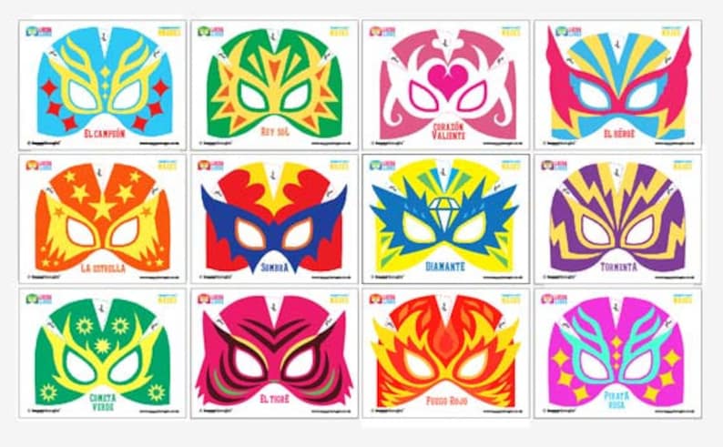 May include: Twelve colorful printable luchador masks with different designs and names in Spanish. The masks are ready to be cut out and used for a party or craft project.