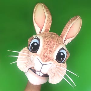 May include: A brown bunny rabbit puppet with large eyes and a toothy grin. The puppet is made of paper and has a white nose and whiskers.