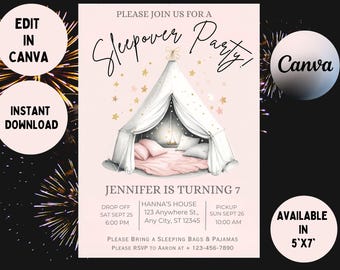 Sleepover Birthday Invitation: Glamping Tent, Girl Pajama Party (Digital Printable)