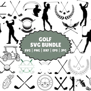 May include: Black and white vector illustrations of golf equipment and players. The illustrations include golf clubs, golf balls, a golf cart, a golfer swinging a club, and a golfer putting. The text "GOLF SVG BUNDLE" is in the centre of the image. The text "SVG | PNG | DXF | EPS | JPG" is below the text "GOLF SVG BUNDLE".