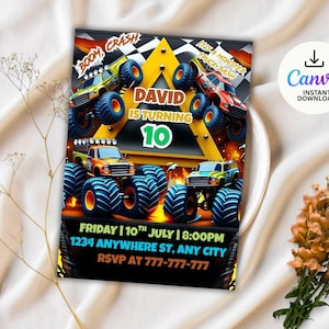Monster Truck Birthday Invitation: Editable Canva Template (Digital Download