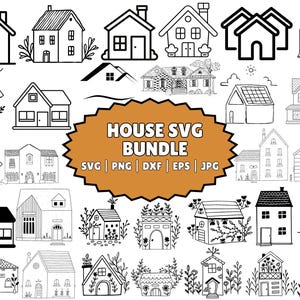 Puede incluir: Un conjunto de 25 archivos de corte SVG de casas en blanco y negro. Las casas son de varios estilos, incluyendo tradicional, moderno y cabaña. El texto "HOUSE SVG BUNDLE" está en un círculo marrón con el texto "SVG | PNG | DXF | EPS | JPG" debajo.