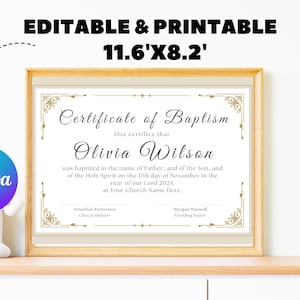 Plantilla de certificado de bautismo editable / Certificado de bautismo imprimible / Certificado de dedicación / Plantilla Canva / Tamaños Carta de EE. UU. y A4