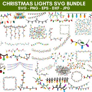 Può includere: Un set di 30 design di luci natalizie SVG. Le luci sono di vari colori, tra cui rosso, verde, blu, giallo e bianco. I design includono ghirlande luminose, corone, cornici e altre forme festive.