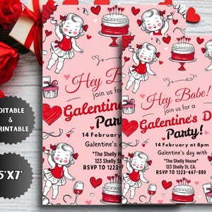 Galentine&#39;s Day Party Invitation: Hand Drawn Pink Design (5x7) (Digital Download)