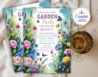 Wildflower Birthday Invitation: Editable Floral Garden Party Canva Template