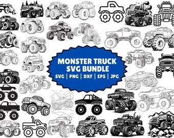 May include: A collection of 25 black and white illustrations of monster trucks. The illustrations are in various poses and styles, including side views, front views, and top views. The illustrations are perfect for use in crafting projects, scrapbooking, or digital design.
