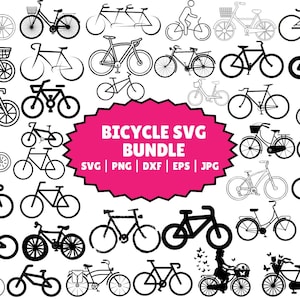 May include: A collection of 25 black and white bicycle SVG cut files. The image includes a variety of bicycle designs, including tandem bikes, bikes with baskets, and bikes with sidecars. The text "BICYCLE SVG BUNDLE" is displayed in a pink starburst shape. The text "SVG | PNG | DXF | EPS | JPG" is displayed below the starburst.