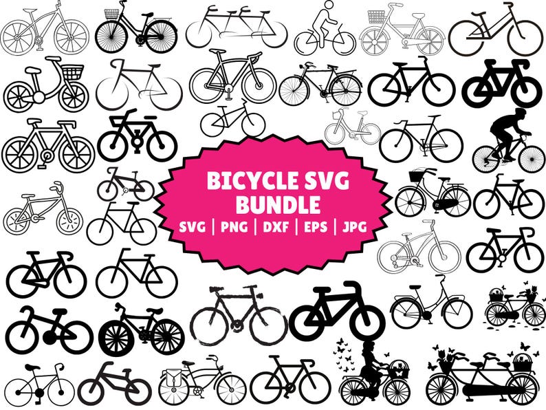 K&ouml;nnte beinhalten: Eine Sammlung von 25 schwarzen und wei&szlig;en Fahrrad-SVG-Schnittdateien. Das Bild enth&auml;lt eine Vielzahl von Fahrrad-Designs, darunter Tandems, Fahrr&auml;der mit K&ouml;rben und Fahrr&auml;der mit Beiwagen. Der Text "BICYCLE SVG BUNDLE" wird in einer rosa Sternform angezeigt. Der Text "SVG | PNG | DXF | EPS | JPG" wird unter dem Stern angezeigt.