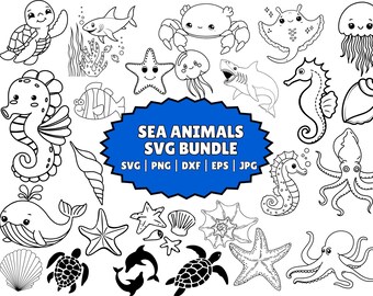 Söta havsdjur SVG-paket, Ocean Clipart (digital nedladdning)