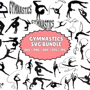 Pode incluir: Um conjunto de 20 arquivos de corte SVG em silhueta em preto e branco que representam ginastas em várias poses. O texto "Gymnastics SVG Bundle" é exibido em uma forma de estrela rosa. O texto "SVG | PNG | DXF | EPS | JPG" é exibido abaixo da estrela.
