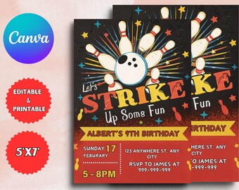 Neon Bowling Birthday Invitation, Editable 5x7 (Digital Download)