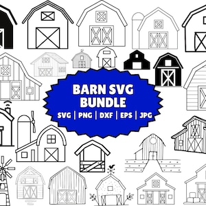 May include: A collection of barn illustrations in various styles, including black and white outlines and solid black designs. The image includes the text "BARN SVG BUNDLE" with file type indicators.