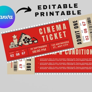 Movie Night Ticket, Movie Ticket, Movie Invitation, Surprise Movie Night, Ticket Template, Editable Ticket, Gift Ticket, Date Night Movie