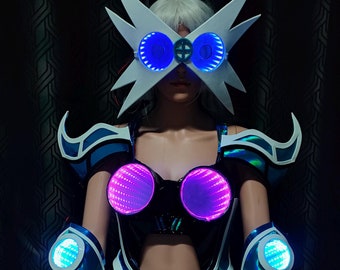 LED Light-Up Cyberpunk Costume Futuristic helmet, Cyborg headpiece, Festival, Cosplay, Halloween, Steampunk, Robot, lit, Light-Up,