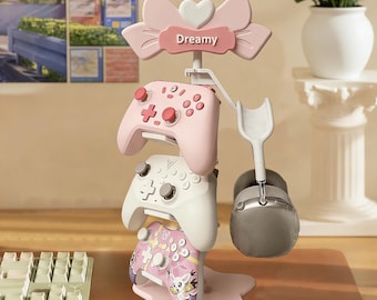 Custom Name Gaming Organizer, Multi Layer Controller Holder & Headphone Stand for Switch, Phone, Console, Pink Bow Heart Gift for Gamers