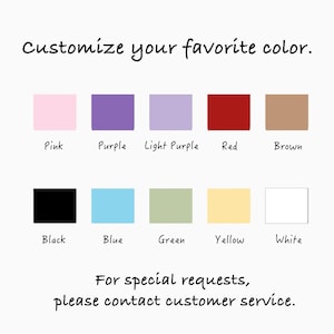 May include: A chart showing 10 different colour options for customisation. The colours are pink, purple, light purple, red, brown, black, blue, green, yellow, and white.