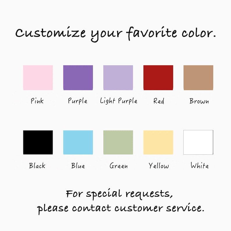 May include: A chart showing 10 different colour options for customisation. The colours are pink, purple, light purple, red, brown, black, blue, green, yellow, and white.