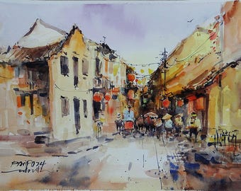 Hoi An Lanterns Watercolor Painting Original - Vietnam Wall Art, UNESCO Heritage town