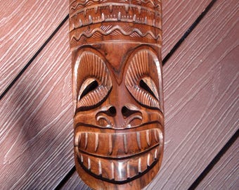 Authentic Vintage Tahitian Tiki Mask – Hand-Carved Sculpture – Marquesas Islands (1980–1985)