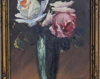 Signed Oil Painting Roses Bouquet – Micheline Masse French Artist Vintage Frame 24×18 cm / 9.4x7in