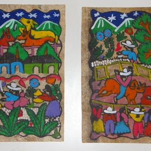 May include: Two colorful paintings on paper depicting scenes of rural life. The first painting shows a group of people in a village setting with houses, trees, and animals. The second painting shows a group of people riding horses and cows in a field with trees and mountains in the background.