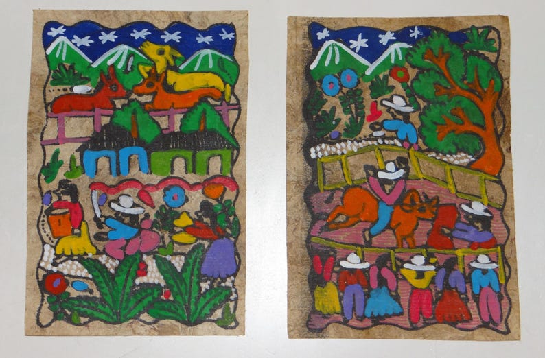 May include: Two colorful paintings on paper depicting scenes of rural life. The first painting shows a group of people in a village setting with houses, trees, and animals. The second painting shows a group of people riding horses and cows in a field with trees and mountains in the background.