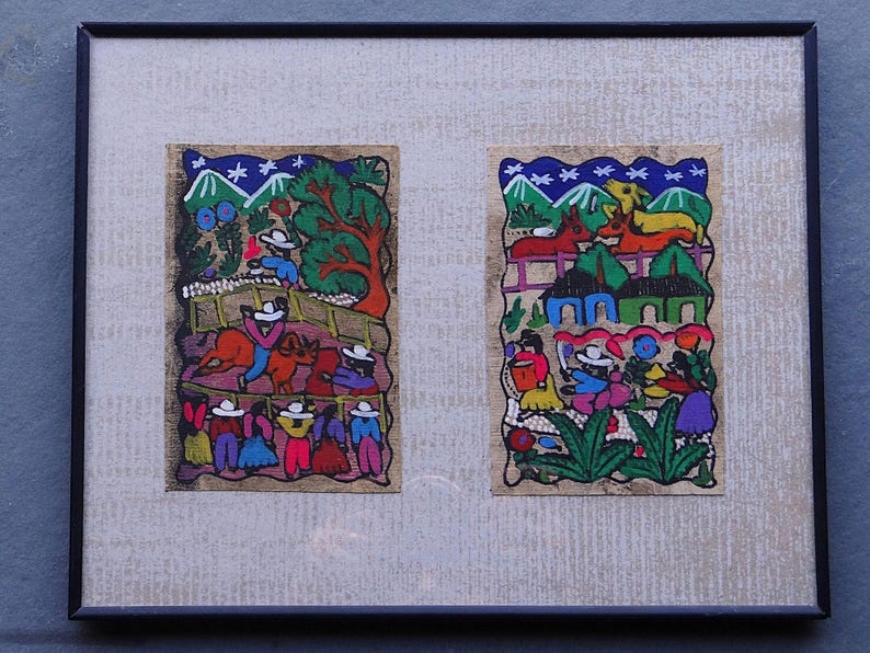 Mexican Folk Art Otomi Amate Bark Paper Paintings - Pair of Vintage Framed Wall Art, Colorful Mexican Harvest Festival Naive Art image 1