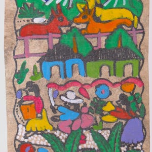 May include: A colorful folk art painting on paper depicting a rural scene with houses, animals, and flowers. The painting features a bright blue sky with white stars, green hills, and a pink fence. The animals include a red and orange donkey, a yellow and orange dog, and a black and white bird. The flowers are pink, yellow, orange, and blue.