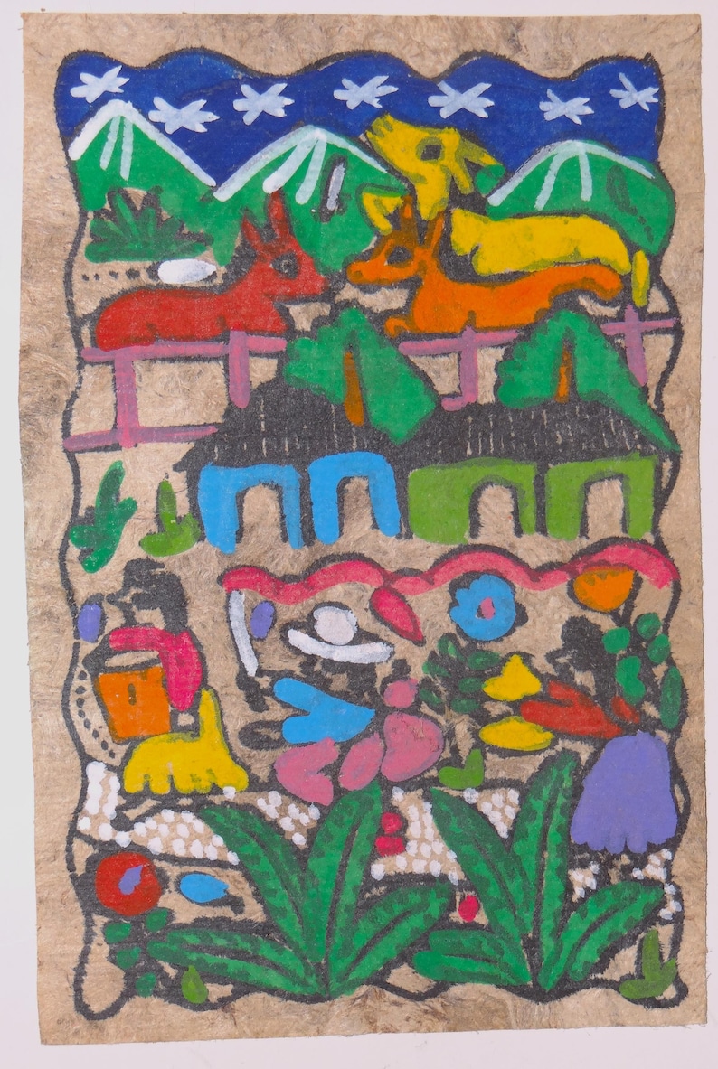 May include: A colorful folk art painting on paper depicting a rural scene with houses, animals, and flowers. The painting features a bright blue sky with white stars, green hills, and a pink fence. The animals include a red and orange donkey, a yellow and orange dog, and a black and white bird. The flowers are pink, yellow, orange, and blue.