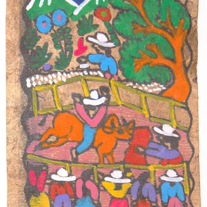 May include: A colorful folk art painting depicting a scene of a rodeo with a cowboy riding a brown horse. The painting is set against a backdrop of a green and blue landscape with a starry night sky. The painting is done in a naive style with simple lines and bright colors.