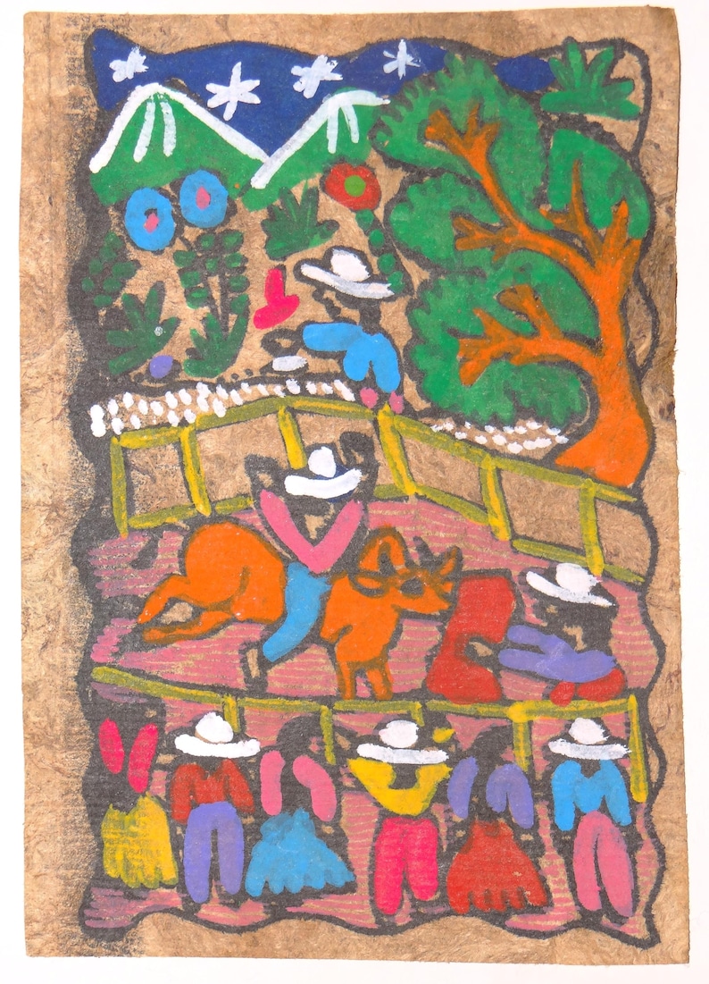 May include: A colorful folk art painting depicting a scene of a rodeo with a cowboy riding a brown horse. The painting is set against a backdrop of a green and blue landscape with a starry night sky. The painting is done in a naive style with simple lines and bright colors.