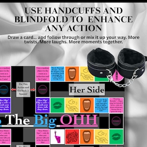 May include: Black faux leather handcuffs with a soft interior lining and a metal chain. The image also features a game board with various prompts and the text "USE HANDCUFFS AND BLINDFOLD TO ENHANCE ANY ACTION."