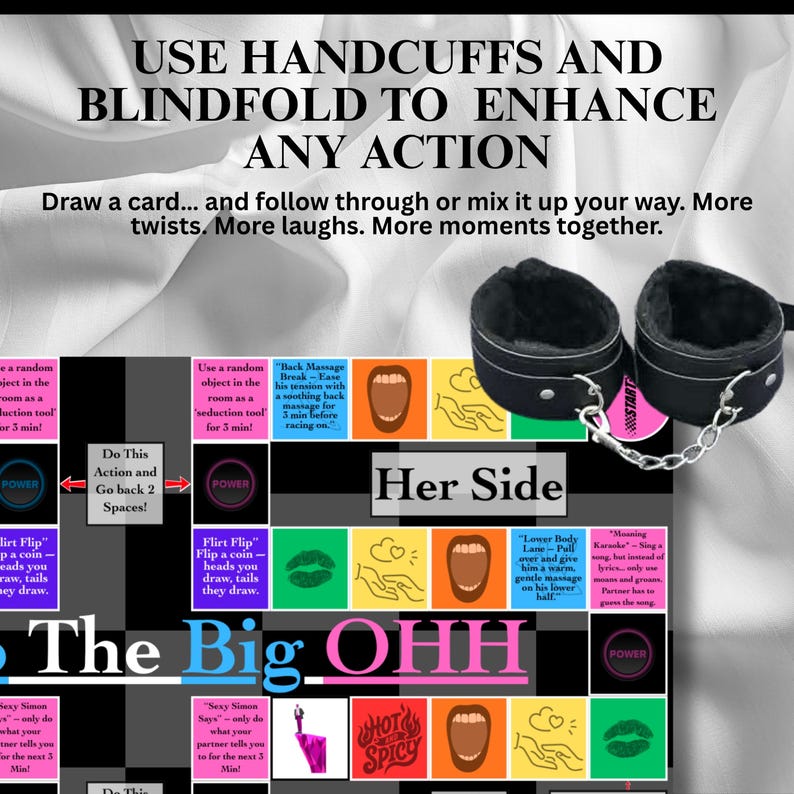 May include: Black faux leather handcuffs with a soft interior lining and a metal chain. The image also features a game board with various prompts and the text "USE HANDCUFFS AND BLINDFOLD TO ENHANCE ANY ACTION."