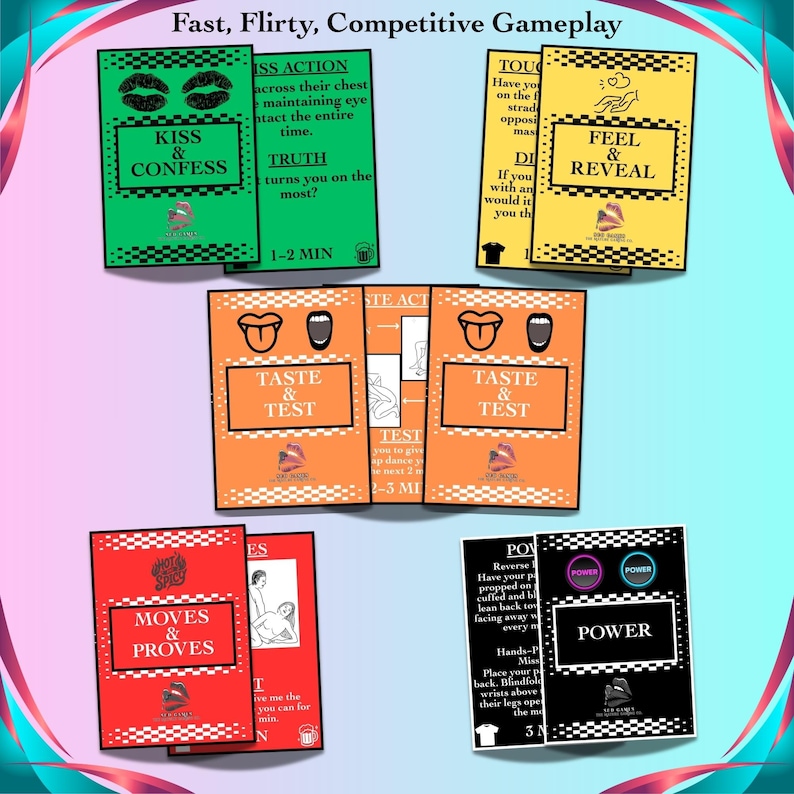 May include: A collection of colorful game cards with text like "Kiss & Confess", "Feel & Reveal", "Taste & Test", "Moves & Proves", and "Power". The cards are green, yellow, orange, red, and black, with various illustrations and instructions.
