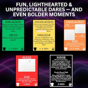 May include: A game with various action cards, each with a different dare or challenge. The cards are in green, yellow, red, and white, with text describing the actions and time limits. The game's theme is fun and bold moments.