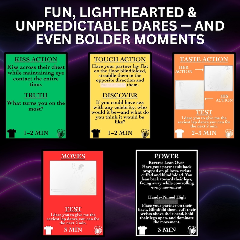 May include: A game with various action cards, each with a different dare or challenge. The cards are in green, yellow, red, and white, with text describing the actions and time limits. The game's theme is fun and bold moments.