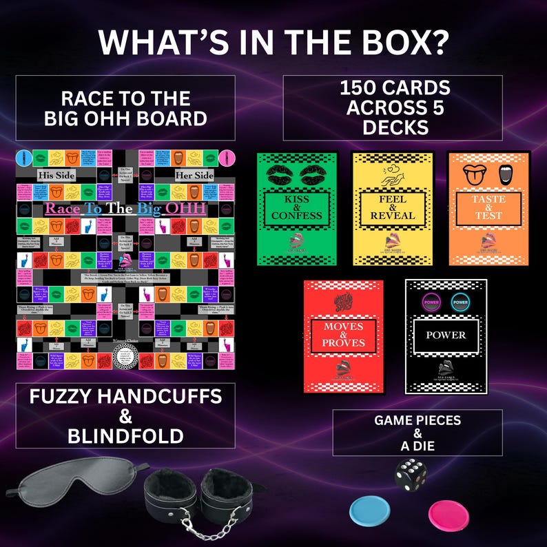 May include: A game box with the text "WHAT'S IN THE BOX?" includes a board game, cards, fuzzy handcuffs, a blindfold, game pieces, and a die. The board game is titled "Race To The Big OHH Board". The cards are labeled "Kiss & Confess", "Feel & Reveal", "Taste & Test", "Moves & Proves", and "Power".