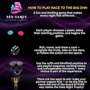 May include: Promotional image for "Race to the Big Ohh" adult game. The image includes game components like dice, blindfold, handcuffs, and a trophy. Text explains gameplay, emphasizing fun and excitement. The S&D Games logo is visible.
