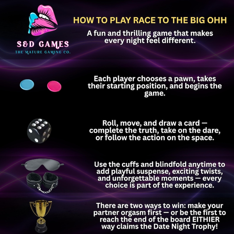 May include: Promotional image for "Race to the Big Ohh" adult game. The image includes game components like dice, blindfold, handcuffs, and a trophy. Text explains gameplay, emphasizing fun and excitement. The S&D Games logo is visible.