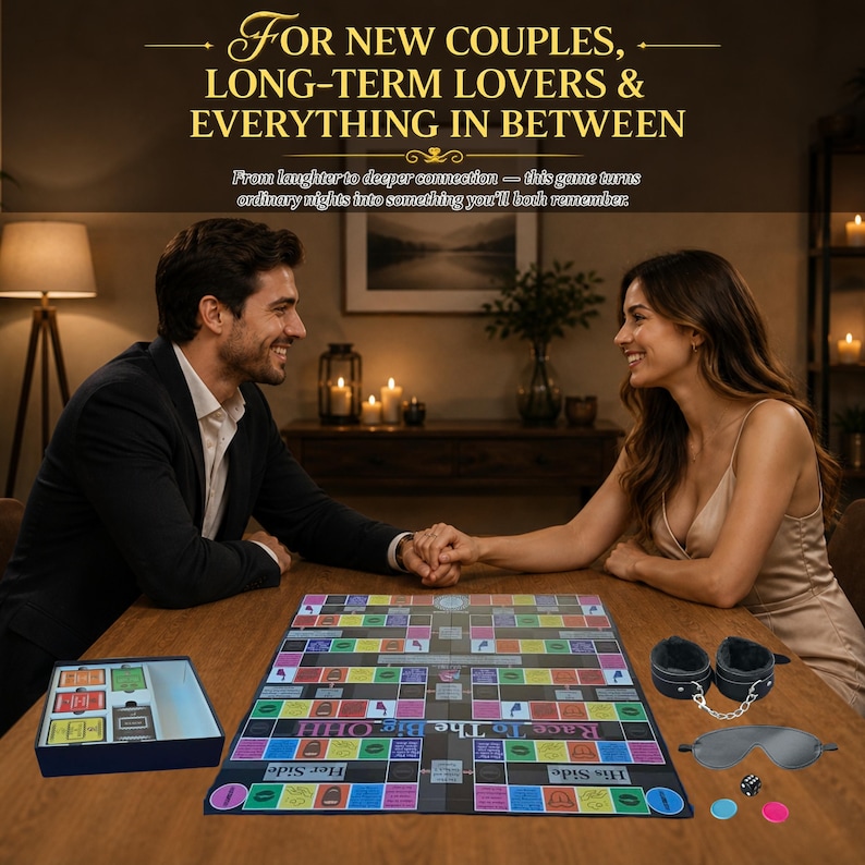 May include: A board game with the text "Race To The Big OHH" and accessories, including dice, blindfold, and handcuffs. The game is designed for couples and features colorful squares and instructions. The text at the top says "For New Couples, Long-Term Lovers & Everything In Between."
