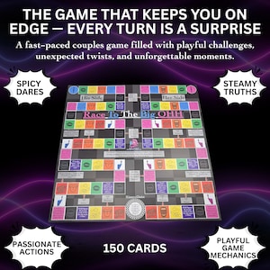 May include: A board game titled "Race To The Big OHH" with 150 cards. The game board features colorful squares and the text "His Side" and "Her Side". The game includes "Spicy Dares", "Steamy Truths", "Passionate Actions", and "Playful Game Mechanics".