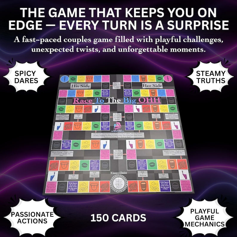 May include: A board game titled "Race To The Big OHH" with 150 cards. The game board features colorful squares and the text "His Side" and "Her Side". The game includes "Spicy Dares", "Steamy Truths", "Passionate Actions", and "Playful Game Mechanics".